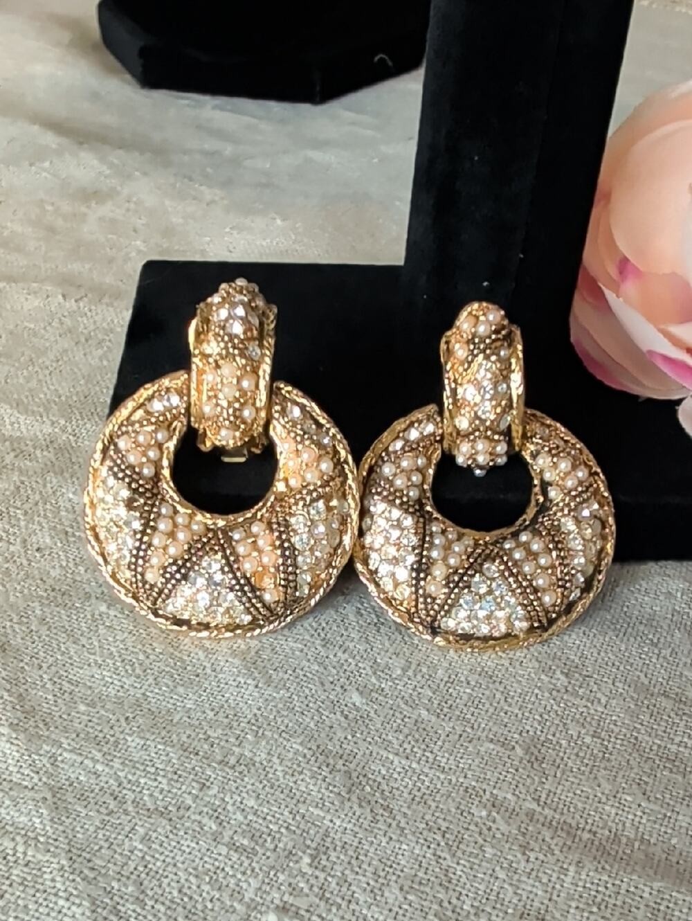 Vintage Bergere Faux Pearl Rhinestone Clip On Earrings Gold Tone Regency Glam